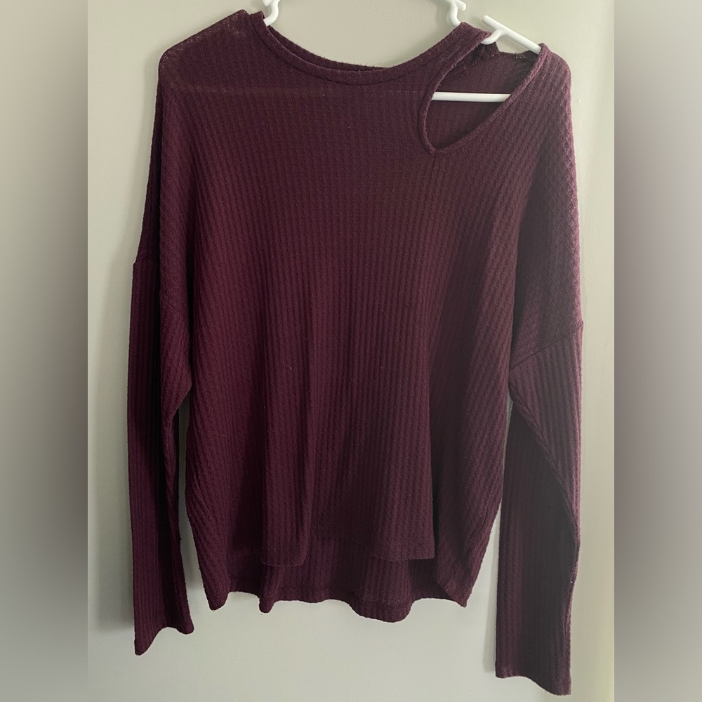Express Burgundy Waffle Knit Lightweight Sweater with Cut Out Shoulder